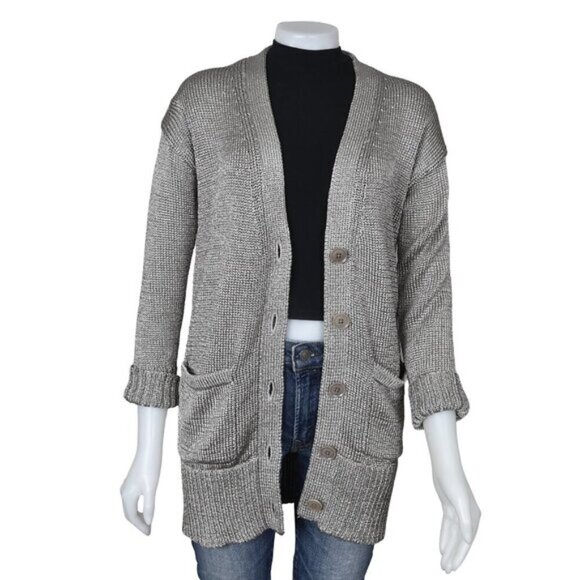 Banana Republic Metallic Chunky Knit Long Cardigan Sweater Champagne Size Small - Picture 5 of 15